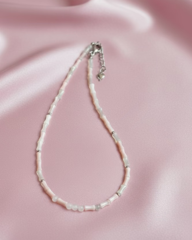 Handmade Pink Mother of Pearl Choker with Rose Quartz Pearls – Elegant Minimalist Jewelry