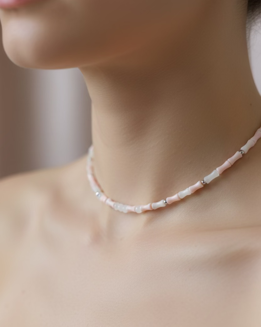 Handmade Pink Mother of Pearl Choker with Rose Quartz Pearls – Elegant Minimalist Jewelry