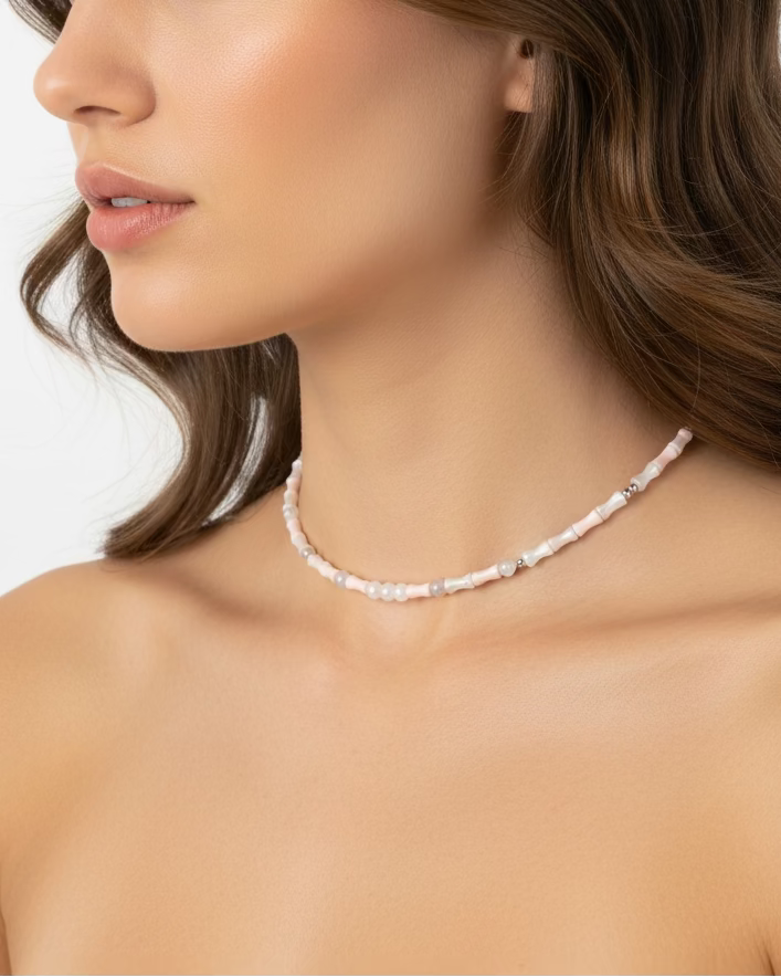 Handmade Pink Mother of Pearl Choker with Rose Quartz Pearls – Elegant Minimalist Jewelry