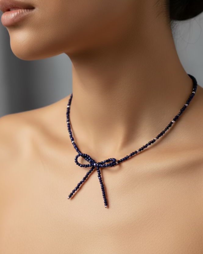Handmade “Starry Sky” Blue Sandstone Choker with Delicate Bow – Elegant & Minimalist Jewelry
