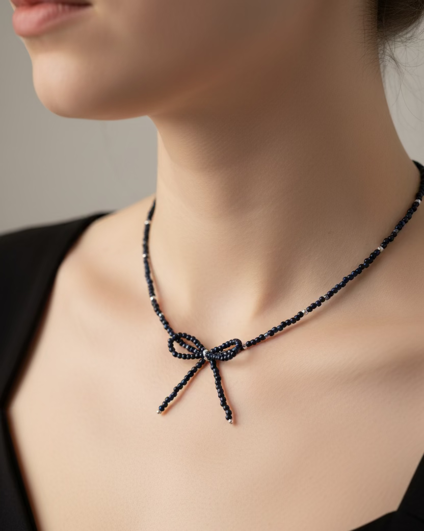 Handmade “Starry Sky” Blue Sandstone Choker with Delicate Bow – Elegant & Minimalist Jewelry