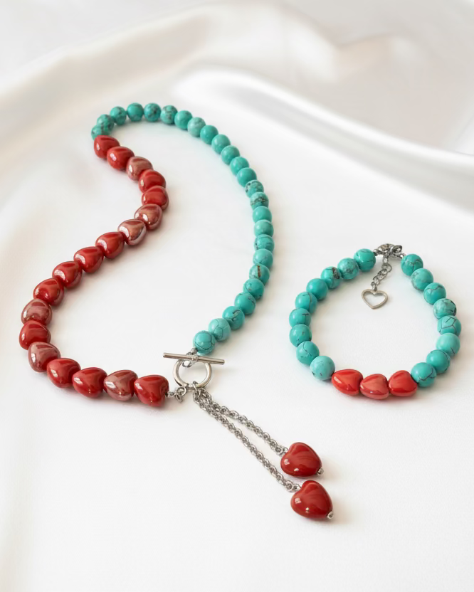Red Ceramic Heart Choker & Blue Howlite Bracelet Set