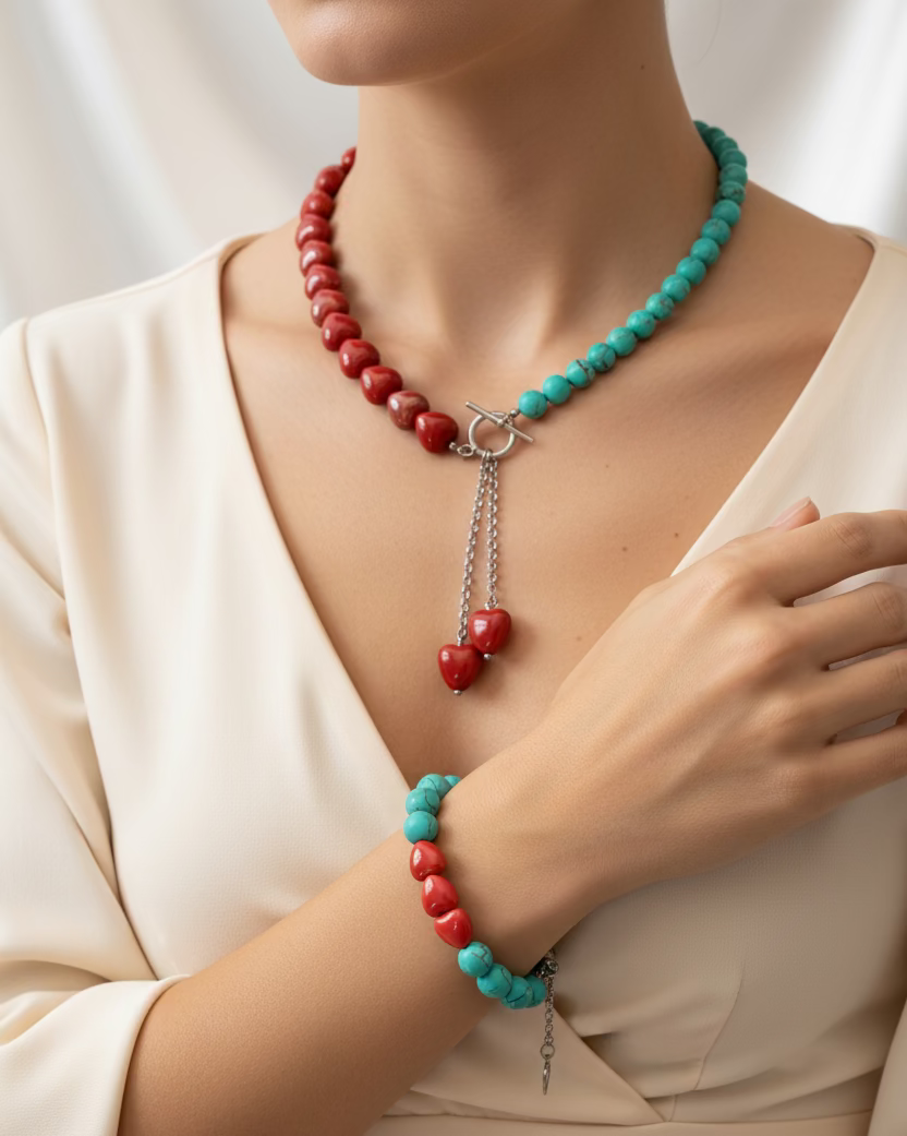 Red Ceramic Heart Choker & Blue Howlite Bracelet Set