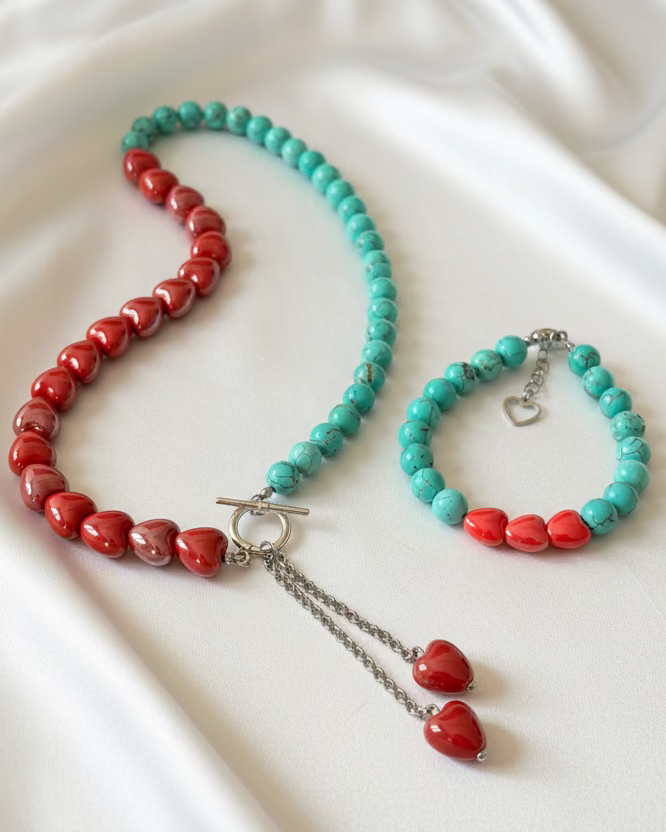 Red Ceramic Heart Choker & Blue Howlite Bracelet Set