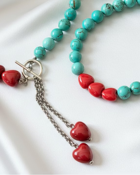 Red Ceramic Heart Choker & Blue Howlite Bracelet Set