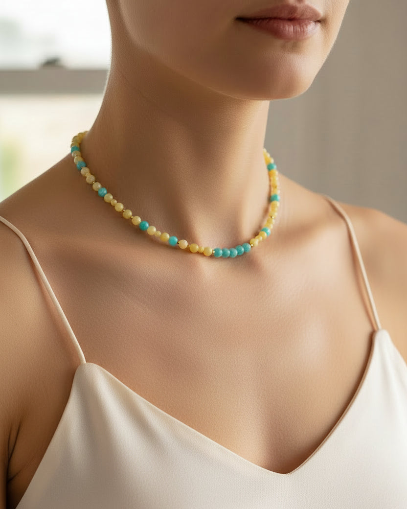 Blue Tourmaline, Yellow Jade & Aquamarine Choker & Bracelet Set | Handmade Gemstone Jewelry