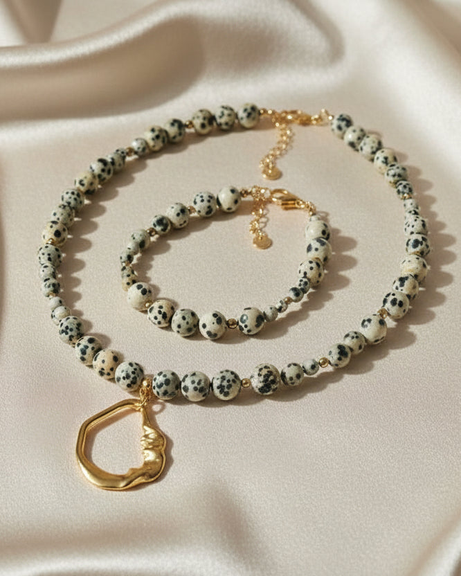 Spotted Agate Choker with Gold Pendant & Bracelet Set | Handmade Natural Stone Jewelry