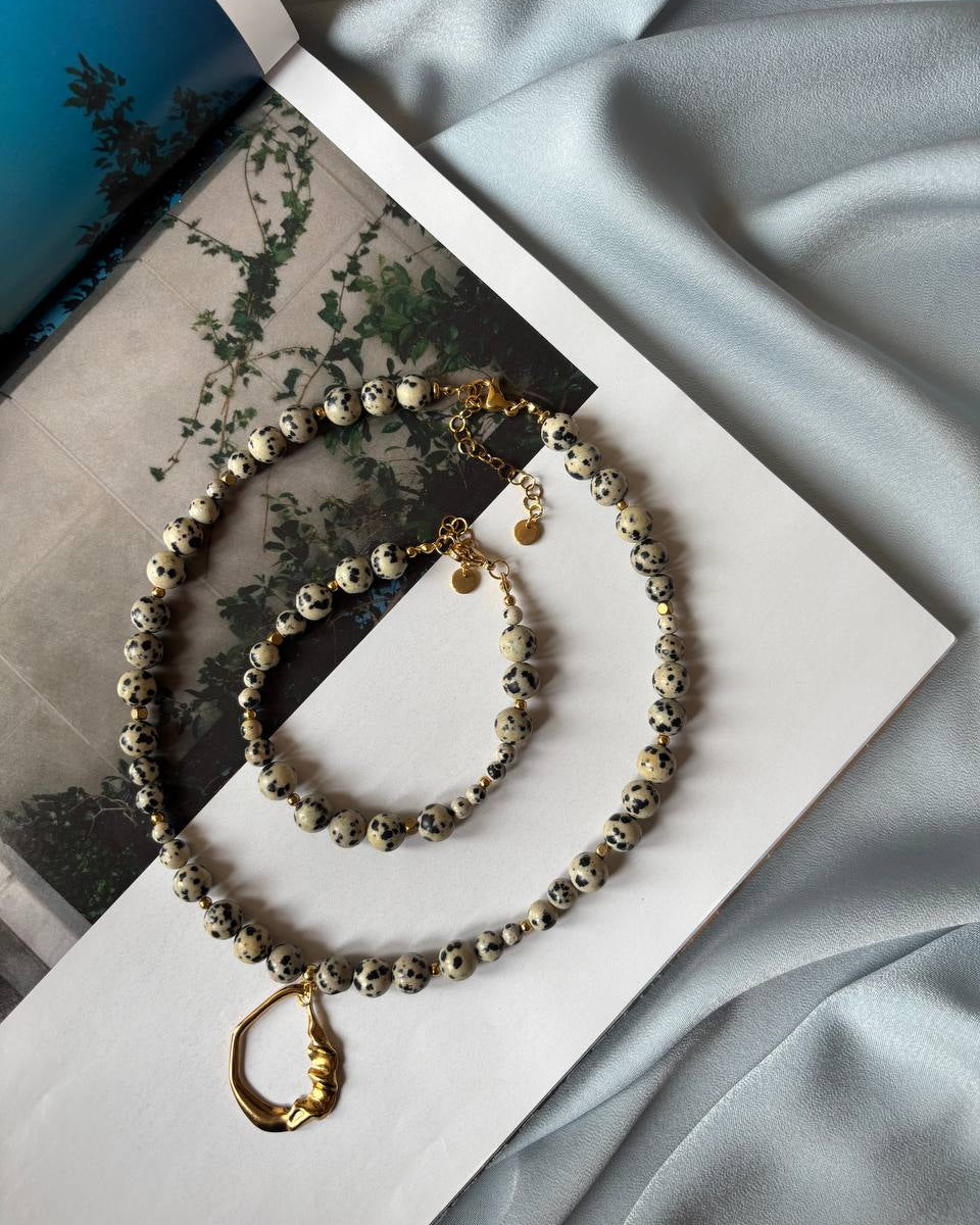 Spotted Agate Choker with Gold Pendant & Bracelet Set | Handmade Natural Stone Jewelry