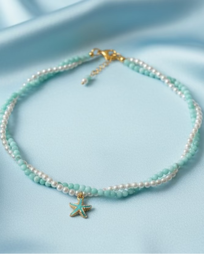 Double Strand Pearl & Aquamarine Choker with Blue Starfish Pendant – Handmade Ocean-Inspired Gemstone Jewelry