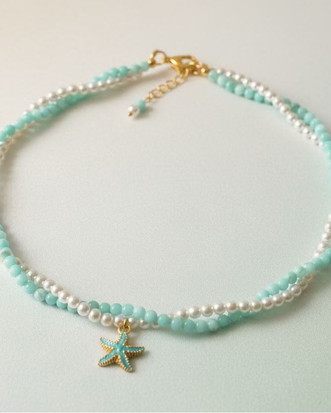 Double Strand Pearl & Aquamarine Choker with Blue Starfish Pendant – Handmade Ocean-Inspired Gemstone Jewelry
