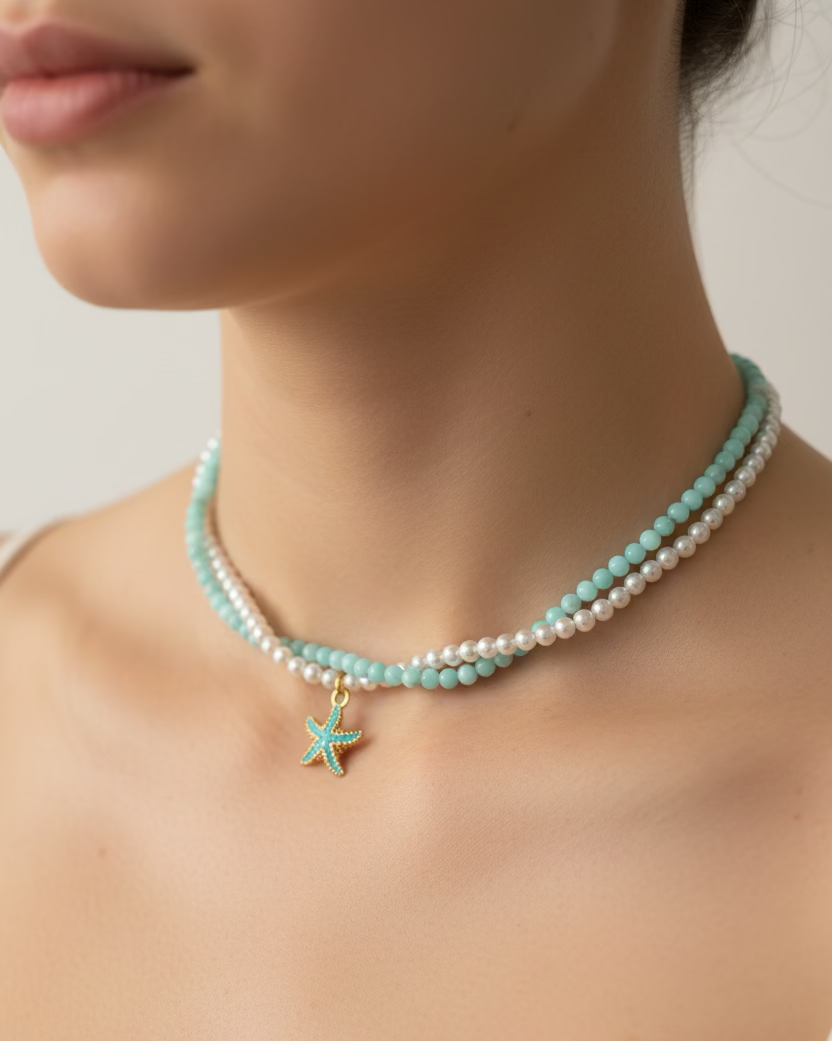 Double Strand Pearl & Aquamarine Choker with Blue Starfish Pendant – Handmade Ocean-Inspired Gemstone Jewelry