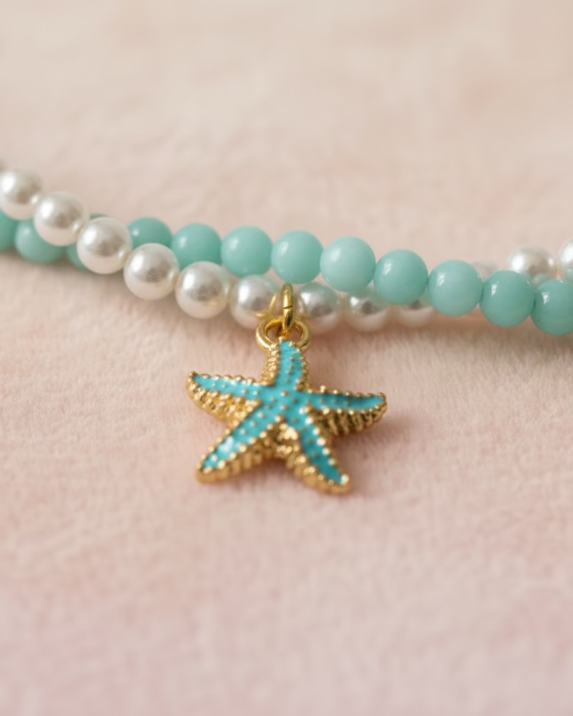 Double Strand Pearl & Aquamarine Choker with Blue Starfish Pendant – Handmade Ocean-Inspired Gemstone Jewelry