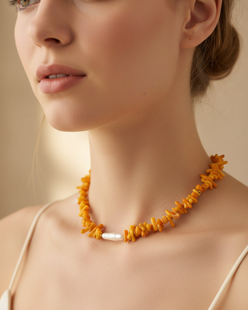 Orange Mother of Pearl Choker with White Natural Pearl | Handmade Jewelry