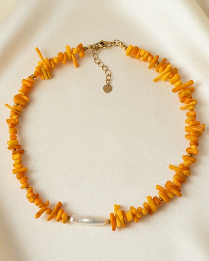 Orange Mother of Pearl Choker with White Natural Pearl | Handmade Jewelry