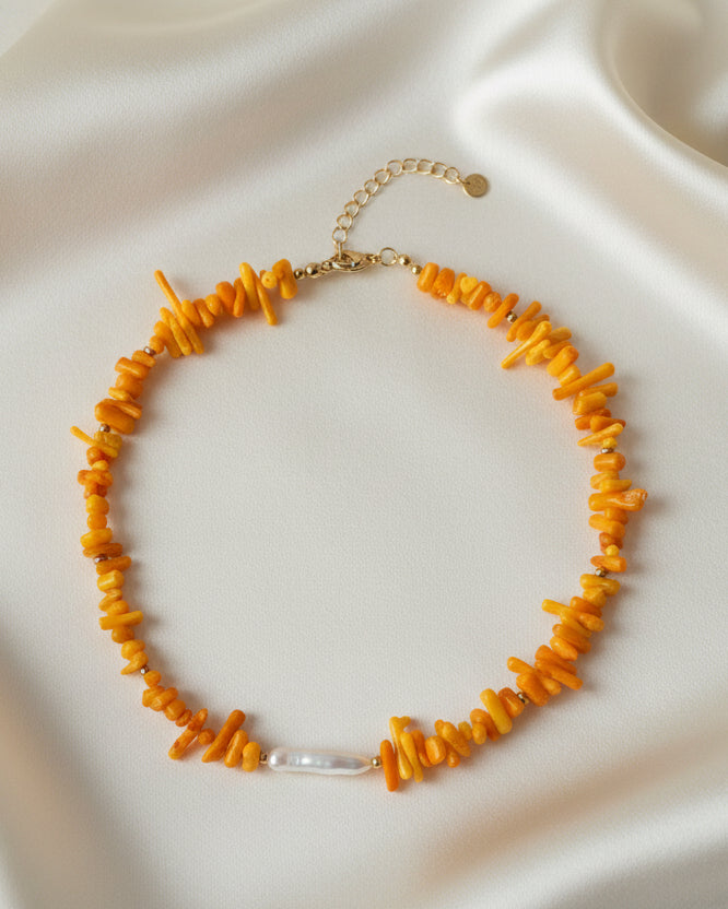 Orange Mother of Pearl Choker with White Natural Pearl | Handmade Jewelry