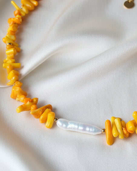 Orange Mother of Pearl Choker with White Natural Pearl | Handmade Jewelry