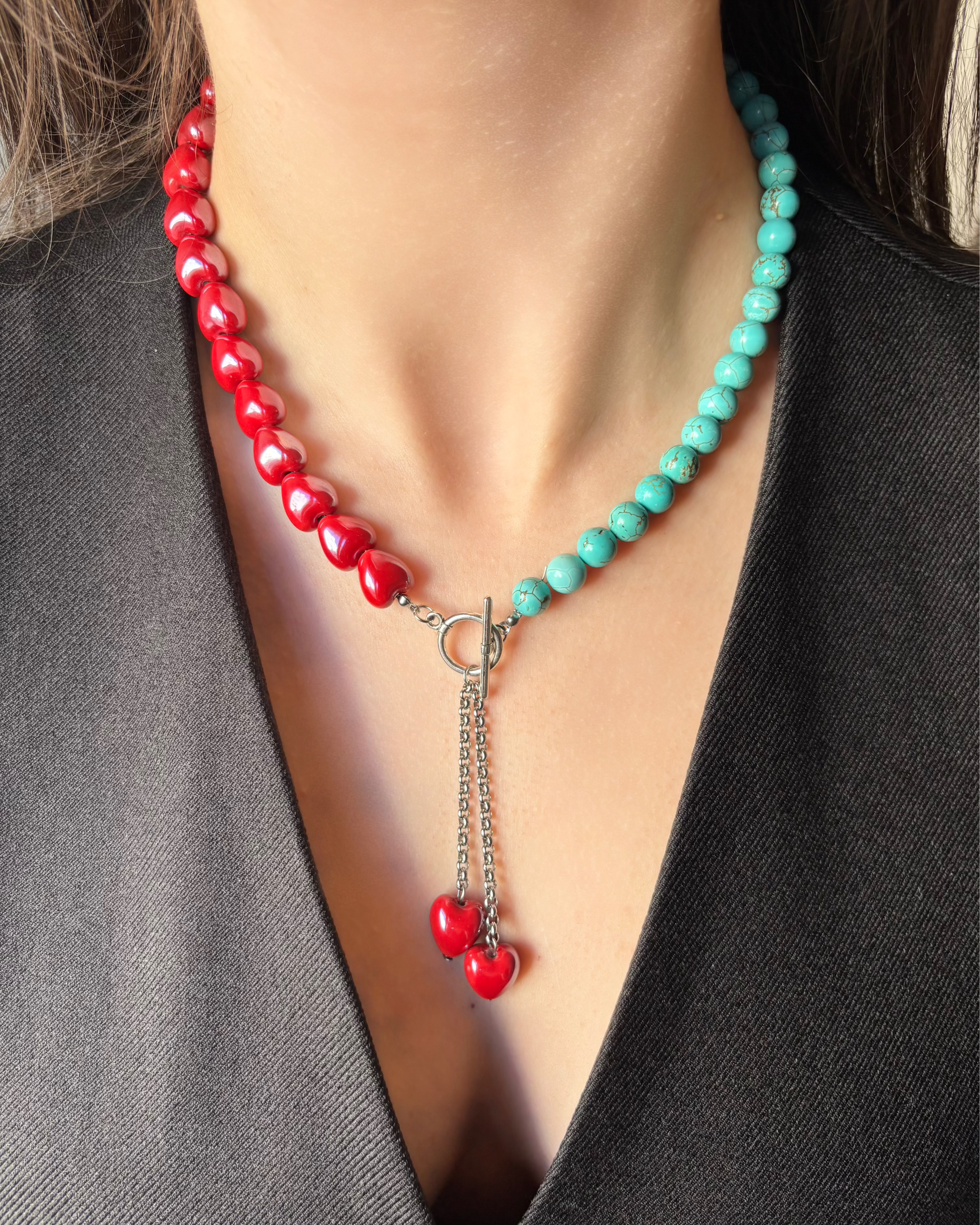 Red Ceramic Heart Choker & Blue Howlite Bracelet Set